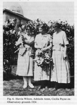 1924 photo of Payne and two colleagues, Harvia Wilson and Adelaide Ames on Harvard Observatory grounds